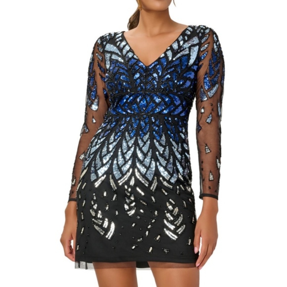 Adrianna Papell Beaded Long Sleeve Mini Dress‎